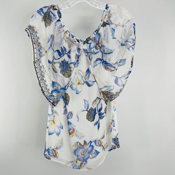 WHITE HOUSE BLACK MARKET White Blue Floral Off-Shoulder Beaded Boho Top Size XXS - Picture 4 of 16